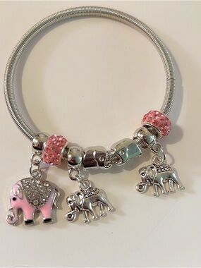 Silver Elephant Charm Bracelet with Pink Crystal Accents